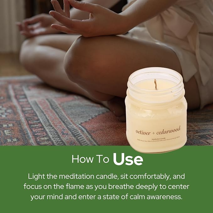 Meditation Soy Wax Candle, Relaxing and Banishing Negative Energy, Non-Toxic Handpoured Glass Jar Candle - Clean Burning, Long Lasting, Candles for Home, Fragrance (Vetiver + Cedarwood)