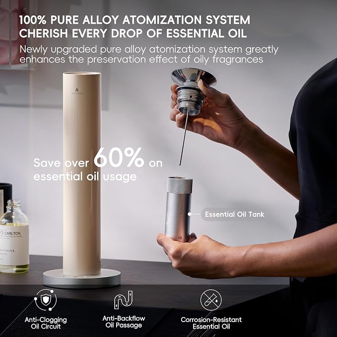 Wireless Rechargeable Hotel Scent Diffuser Kit - 1500 Sq Ft Coverage, Alloy Atomization System,App Control,Waterless Oil Diffuser, Including 6×15ml Essential Oils, for Home,Large Room,Spa, Cream