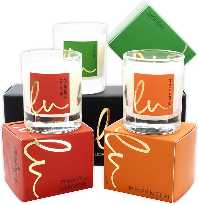 Lulu Candles | Holiday, Pineapple Evergreen, Pumpkin Chai | Luxury Scented Soy Jar Candle | Hand Poured in The USA | Highly Scented (Holiday Gift Set - 3 PC, 2.7 Oz. Votives)