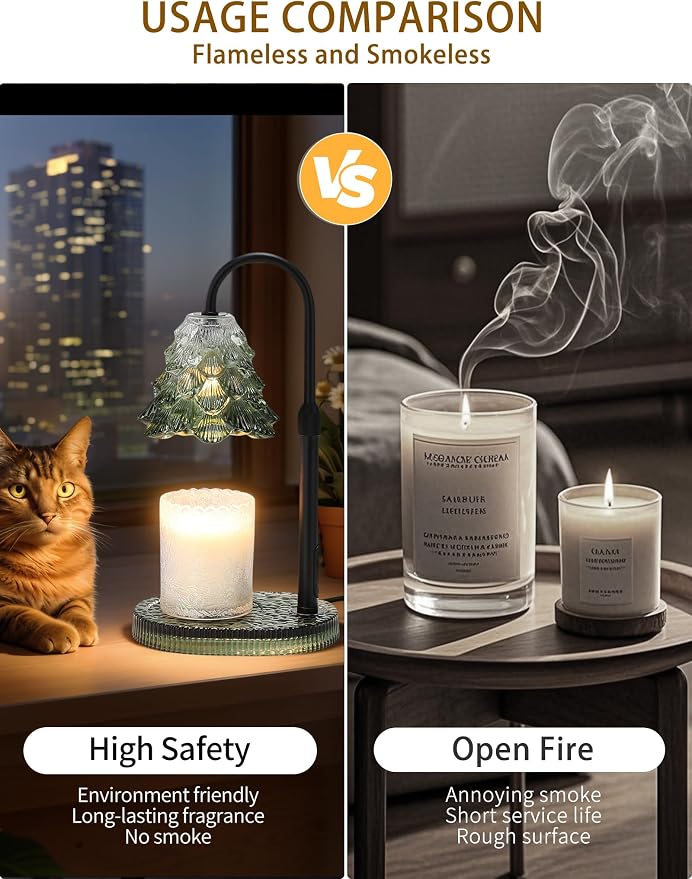 Candle Warmer Lamp with Timer & Dimmer, Crown Glass Lamp Candle Warmer for Jar Candles, 2 Bulbs, Height Adjustable Electric Wax Warmer for Elegant Home Decor (Evergreen Glow)
