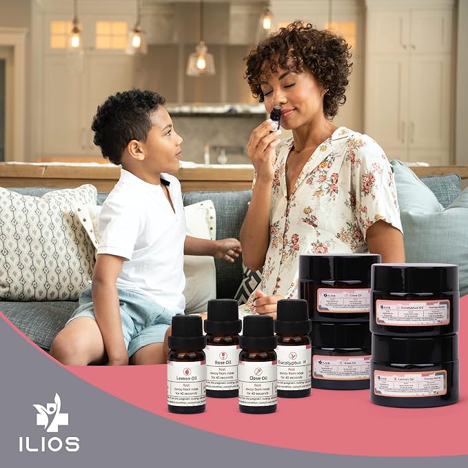 Ilios Olfactory Smell Training Kit, 4 Essential Oils, All Natural Stimulating Aromatherapy for Loss of Senses with Lemon, Clove, Rose, Eucalyptus, and Accessories