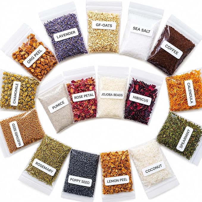 Natural Exfoliants Kit for Soap-Making, Cosmetics-Making and Candle Making. Jojoba Beads, Lavender, Rose and More Supplies for DIY Cosmetics, Arts and Crafts, Skincare and Decorative Projects.