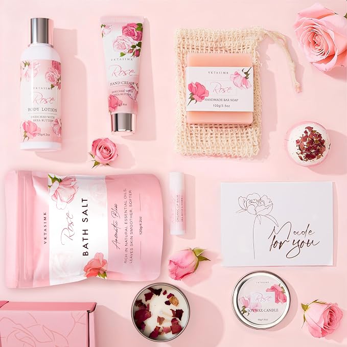Gifts for Women Birthday, Bath and Body Gift Basket Mothers Day Gifts, Rose Home Spa Set Self Care Gift, Thank You for Mom Sister Her Teacher Friends Friendship