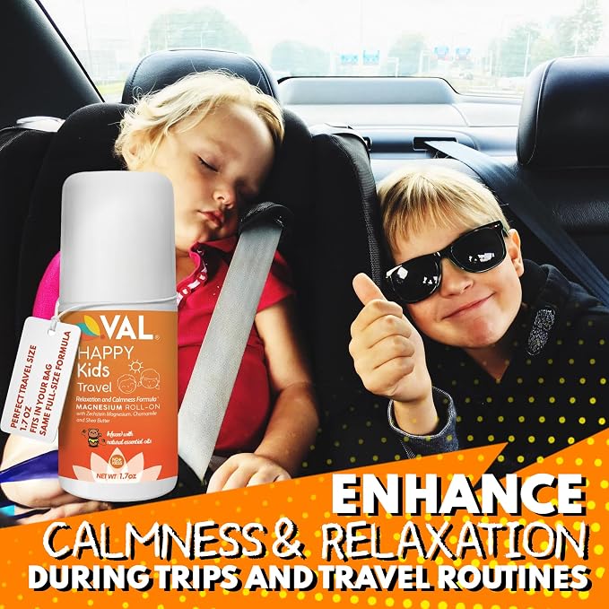 VAL Happy Kids Travel Magnesium Roll-On, Relaxation & Calmness Formula for Kids, Zechstein® Magnesium with Chamomile & Shea Butter, Topical Roll-On, 1.7 oz
