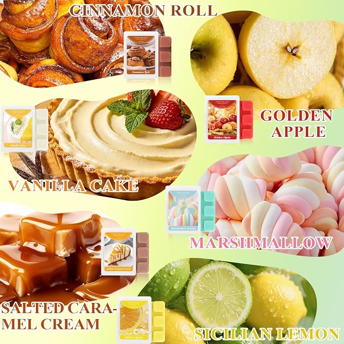 STRN Wax Melts, Soy Wax Cubes Summer Long-Lasting Scented Wax Melt for Wax Warmers, 6 Scents with Cinnamon Roll, Golden Apple, Sicilian Lemon, Scented Mix Melts Tarts, 6 * 1.25 oz
