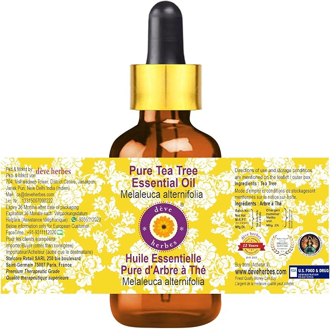 Deve Herbes Pure Tea Tree Essential Oil (Melaleuca alternifolia) with Glass Dropper Steam Distilled 30ml (1 oz)