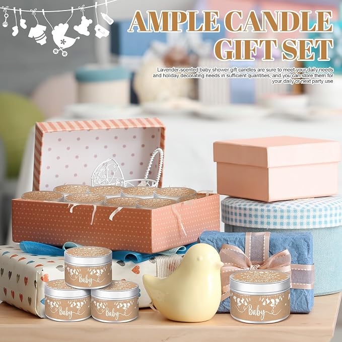 MTLEE 24 Pcs Kraft Paper Baby Shower Party Favors Candles Lavender Scented Baby Shower Favors for Guests Rustic Tealights Candles Gender Reveal Return Gifts (1.2 oz, Khaki)