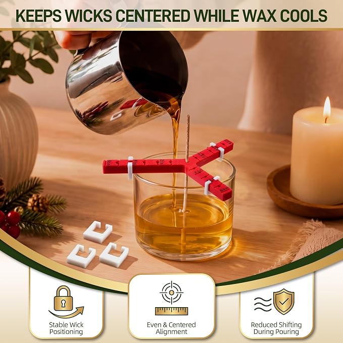 Feekoon Universal 3 Way Candle Wick Holder, Adjustable 1/3 Wick Centering Tool with 6 Clips, Anti-Slip Wicks Stabilizer for Candle Making, Fits Jars up to 6 Inch, Reusable PLA (Red)