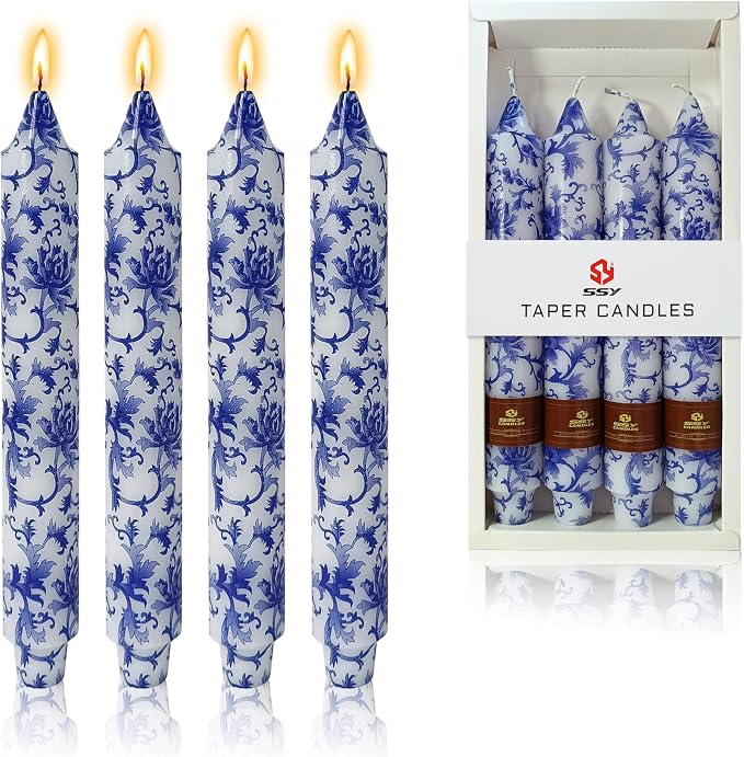 Long Blue and White Taper Candles 9 Inch Handmade Porcelain Style Wide Taper Candles Smokeless Unscented Clean Burning for Housewarming Gift New Home Entryway Cozy Hygge Bohemian Style Tall Decor