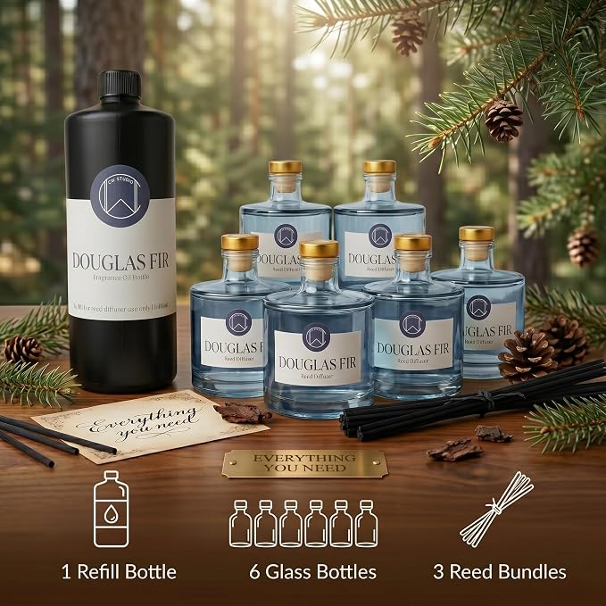 CW Studio Reed Diffuser Set – 6 Empty Glass Bottles with Caps, 1000ml Refill Bottle & 24 Reed Sticks – DIY Home Fragrance Kit for Living Room, Bedroom, Office | Blue Linens