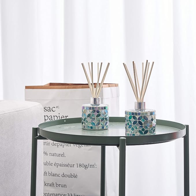 7.3oz Decorative Vertical Mosaic Glass Reed Diffuser Bottle Set with Silver Caps & 16pcs Natural Feed Sticks-Set of 2 - Ideal for Home Fragrance, Bathroom Decoration, Accent (Blue)