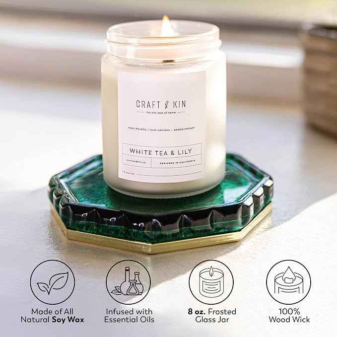 Craft & Kin Premium White Tea & Lily Scented Candle – Long Lasting, 45 Hour Burn Time – Luxury Natural Soy Scented Candle with Wood Wick – Room Decor and Aromatherapy – 8 oz