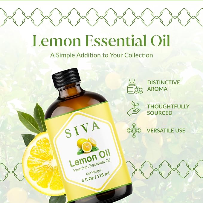 Siva Lemon Essential Oil - 4 Fl Oz – 100% Natural Lemon Oil - for Diffuser, Face, Skin Care, Aromatherapy, Hair Care, Scalp and Body Massage - with Dropper