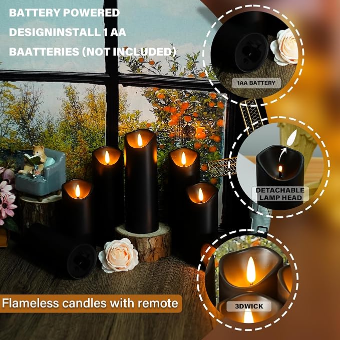 Nimiko Flameless Candles with Remote, Battery Operated Flickering Flameless Candles, LED Candles with Timer 2/4/6/8H, with Realistic LED Candles Set of 12 (D2.2 x H 5" 6" 7") (Black)