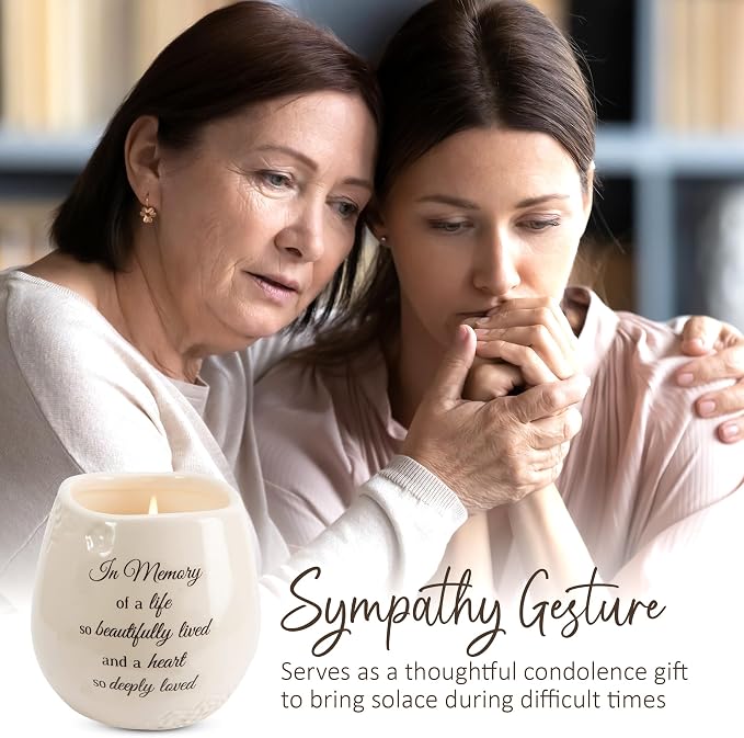 Pavilion 'In Memory, Beautifully Lived' 19178 - White Ceramic Candle with Soy Wax in a Delicate Floral Scent, Thoughtful Sympathy, Remembrance, and Condolence Gift - 8 Ounces