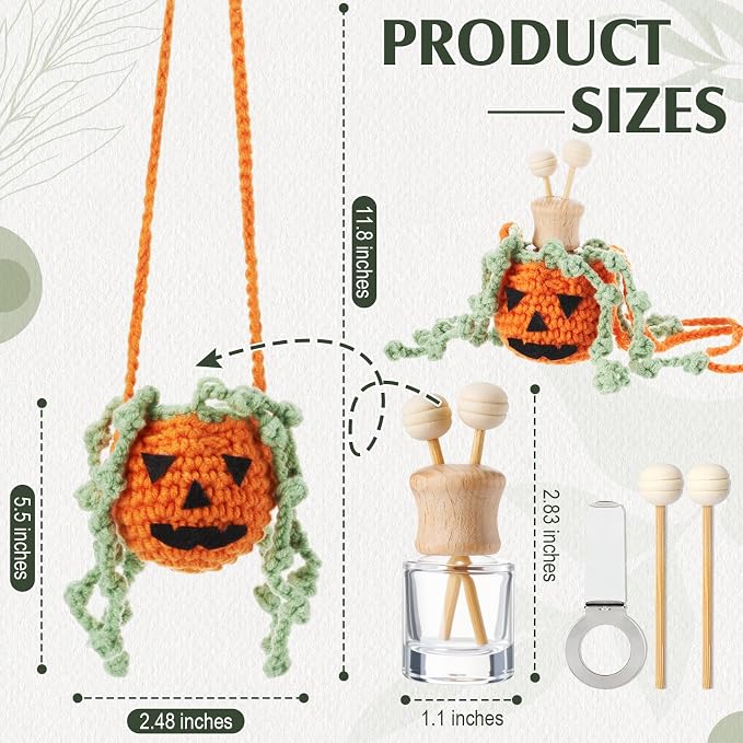 Leelosp 7 Pcs Nightmare Decoration Christmas Pumpkin Crochet Hanging Car Air Freshener with Empty Refillable Essential Oil Diffuser Bottle Clip Knitted Handmade Car Interior Ornament (8 ml, Pumpkin)