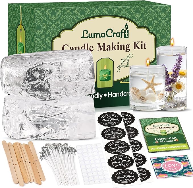 LumaCraft Clear Gel Wax for Candle Making – 2.2LB Transparent Jelly Wax with 50 Wicks, 50 Wick Stickers & 10 Wick Holders - Natural Non-Toxic DIY Gel Candle Supplies for Beginners & Crafters