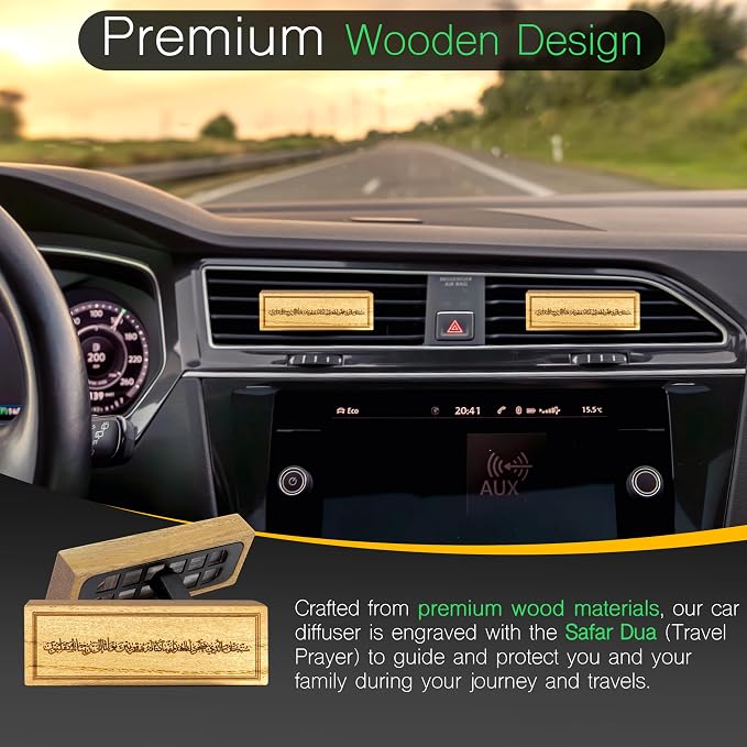 Islamic Inspired Car Diffuser - Natural Wood and Natural Wax Cartridge - Engraved with The Safar/Travel Dua/Prayer – Includes Two scents (Jasmine & Orange) - Reusable with Essential Oils (Rectangle)