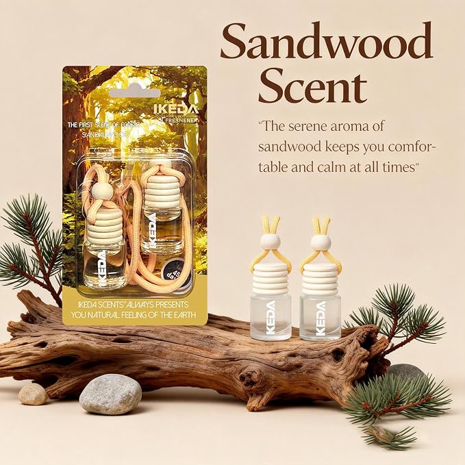 ikeda fragrance Car Air Freshener 4ml Car Scents | 45-Days Keep Fragrance | Automotive Hanging Diffuser Bottles | Remove Auto Odor Long-Lasting Fresh Air for Home Deodorizer (2pcs, Sandalwood)