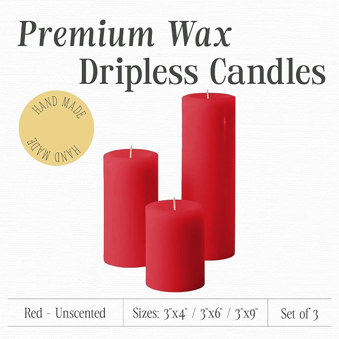 Mister Candle Unscented Dripless Red Pillar Candles Set of 3, Hand Poured 3 Inch Candles, Premium Wax, Decorative Pillars, (3" x 4", 3" x 6", and 3" x 9", Red)