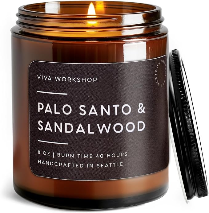 Palo Santo & Sandalwood Natural Soy Wax Scented Candle – Crafted in USA, Seattle – Gift for Birthday, Meditation, Home, Spa – Aroma Candle for Relaxing – Aromatherapy Scented Candles for Women & Men
