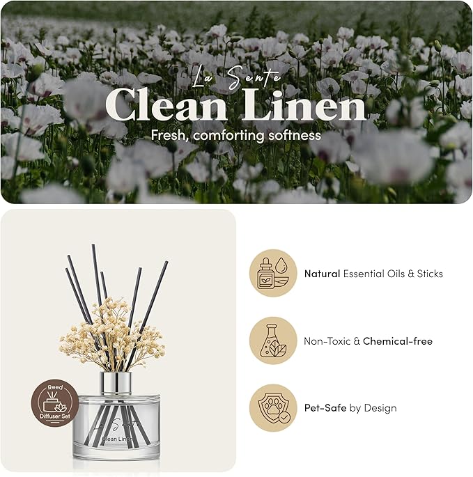 Reed Diffuser Set (6.7fl oz), Natural Clean Linen Essential Oil Fragrance with Glass Bottle, Black Rattan Sticks & Preserved Flowers, Up to 120 Days Lasting Fragrance for Home & Office