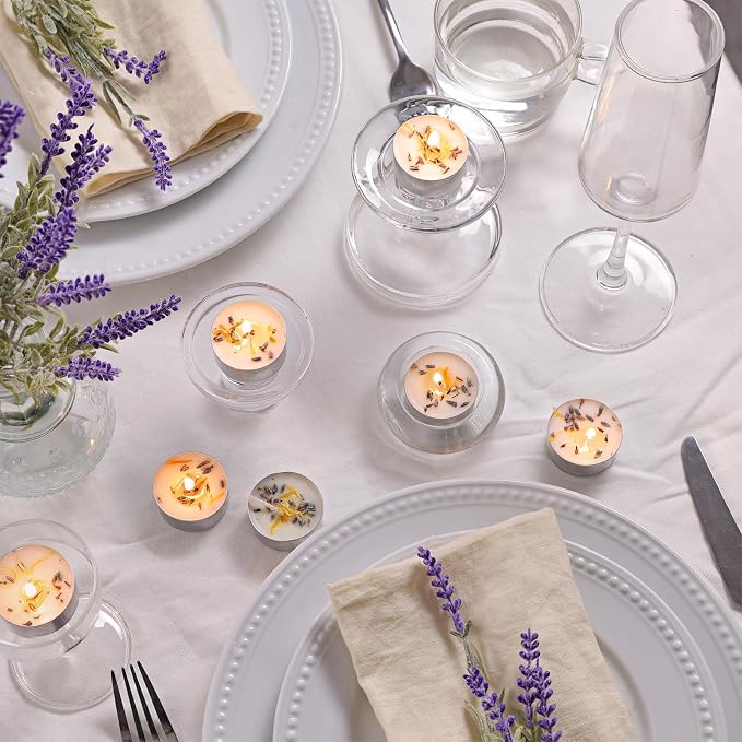 48 Pcs Lavender Scented Tealight Candles, 6H Long Burning - 100% Palm Wax Based Scented Tea Lights with Dried Flowers, Non-Toxic/Smokeless Scented Tea Lights Candles Bulk for Spa, Bath, Wedding