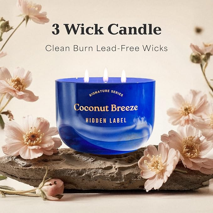 Coconut Breeze Scented Candle, 18oz Natural Soy Wax Non Toxic, 3-Wick Large Candles for Home, Up to 75Hours Long Lasting,Clean Burn Aromatherapy Candle for Home Decor and Housewarming Gifts
