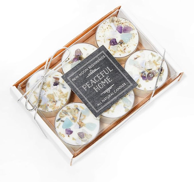 New Moon Beginnings Peaceful Home Candle - Stress Relief - Energy Clearing - All Natural Essential Oil Soy Tealight Candle (Herbal, Minty, Cool, Fresh - Eucalyptus, Mint - 6 Pack)
