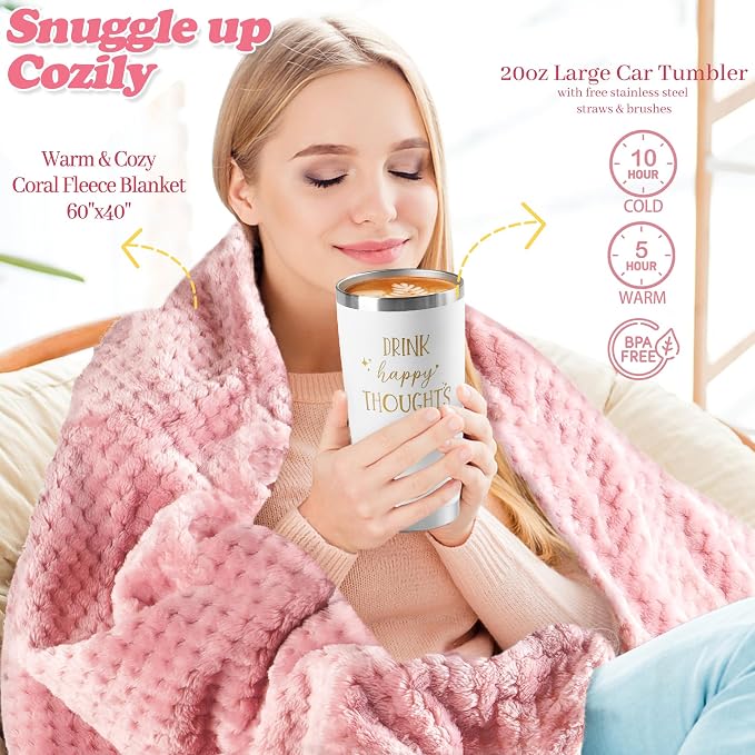 Birthday Gift Basket for Women, With Blanket | Pink Floral Themed, Get Well Soon Gifts, Thinking of You, Relaxing Spa Self Care Package