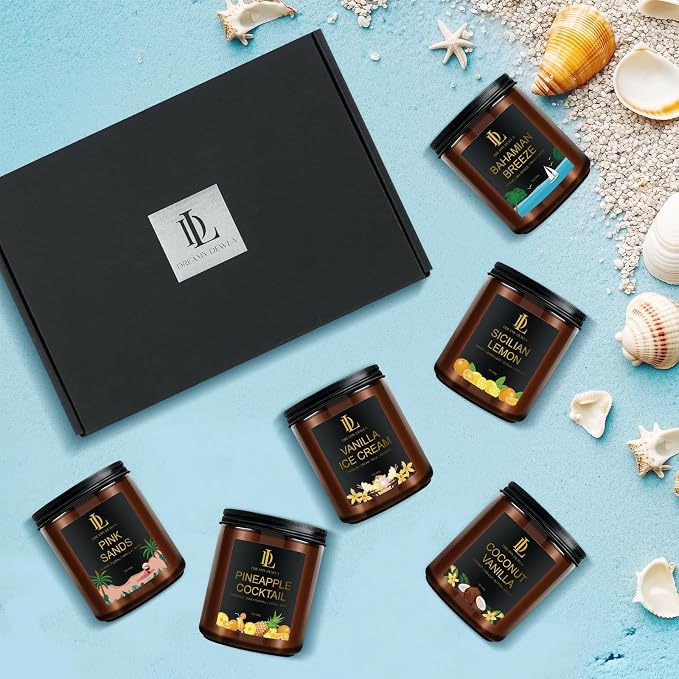 6 Pack Scented Candles Set, 42oz 300 Hour Long Lasting Candle, Soy Candles for Home Scented, Scents of Coconut Vanilla/Pineapple Cocktail/Sicilian Lemon/Pink Sands/Bahama Breeze/Vanilla Ice Cream