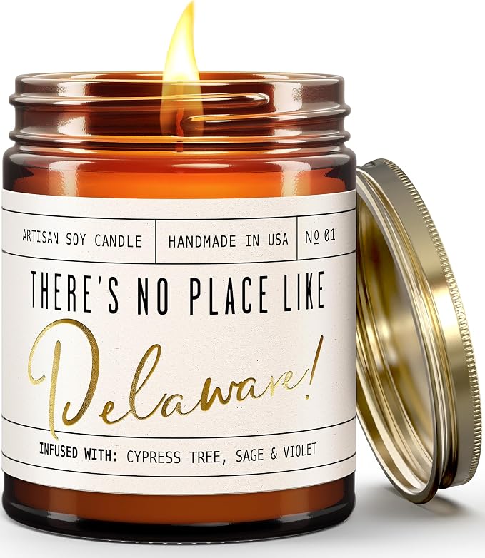 Delaware Gifts, Delaware Decor for Home - 'There's No Place Like Delaware Candle, w/Cypress, Sage & Citrus I Delaware Souvenirs I Delaware State Gifts I 9oz Jar, 50Hr Burn, USA Made