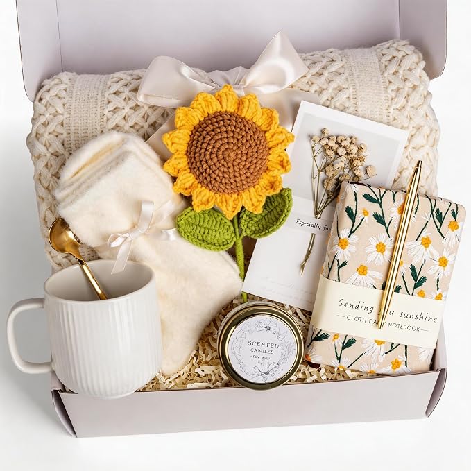 Birthday Gift Baskets for Women, Get Well Gifts for Women, Care Package Self Care, Thank You, Sympathy Friendship Sending Sunshine Sunflower Gift Basket for Mom, Grandma, Sister, Friends, Girls, Her