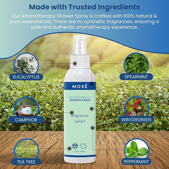MOXE Migraine Relief Aromatherapy Shower Spray, Essential Oils for Headaches & Tension Relief, Natural 100% Essential Oils, Pure & Undiluted, Peppermint, Spearmint, Eucalyptus, Tea Tree, Made in USA