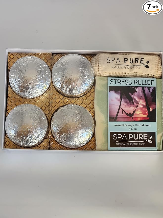 Spa Pure Aromatherapy Gift Set - Stress Relief Artisan Soap & 4 Shower Steamers - Made with Plant Based Ingredients - Cotton Shower Bag & Soap Bag