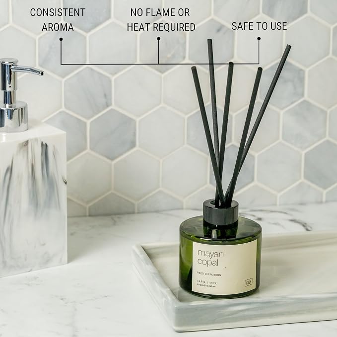 Craft & Kin Premium Santal Woods Reed Diffuser – 3.4 oz Natural Essential Oil Diffuser for Home & Bathroom – Long-Lasting Fragrance with Rattan Scent Sticks – Green Glass Room Decor