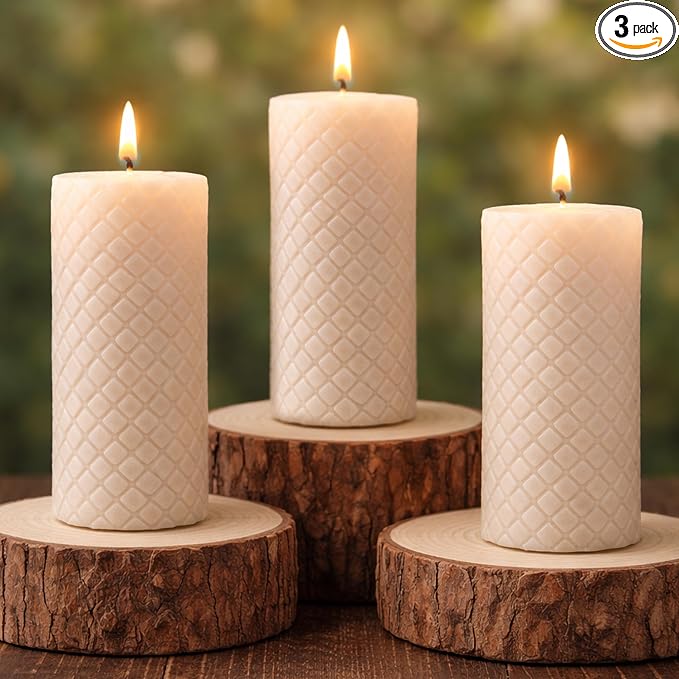 Alternative Imagination Beeswax Diamond Pillar Candles – 3 Pack of 2x4 Inch Unscented Candles - Hand-Poured - Ivory White 100% Pure Beeswax - Natural Honey Aroma - Dripless Long-Burn