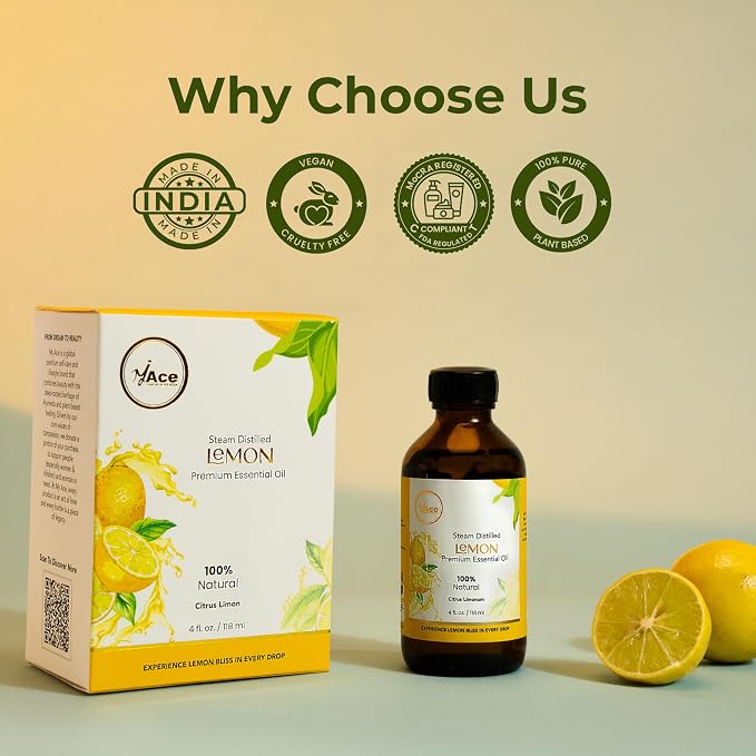 My ACE Lemon Essential Oil 4 Fl Oz - 100% Pure & Natural - Premium Grade for Aromatherapy, Diffuser, Skin, Hair, Massage, Candle & Soap Making, Home - Glass Bottle with Dropper - Long Lasting Scent