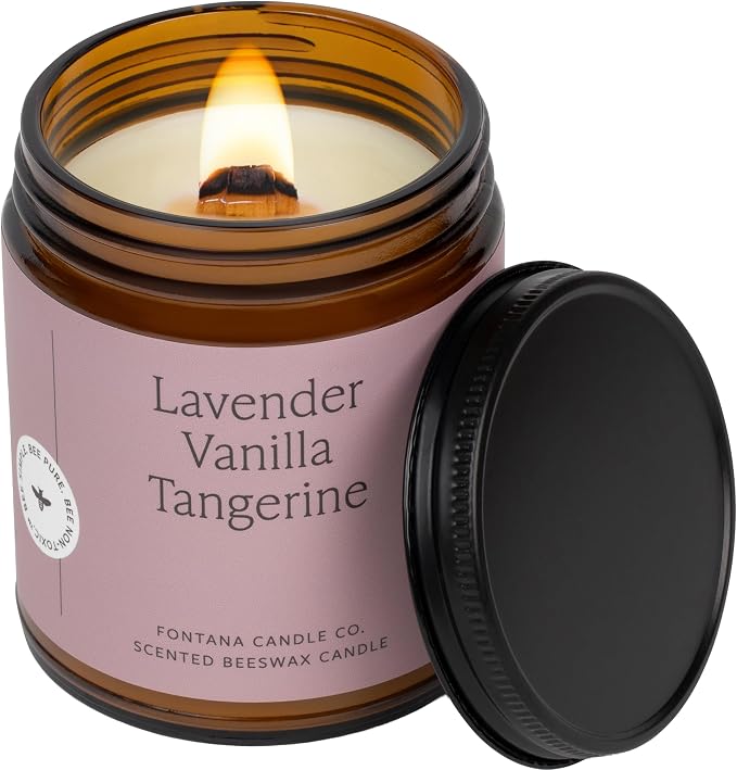 Fontana Candle Co Wood Wick Beeswax Jar Candle, Lavender Vanilla Tangerine – Made Safe with Coconut Oil & Pure Essential Oils – 35+ Hrs Clean Burn, Long Lasting and Non-Toxic Candles for Home & Room