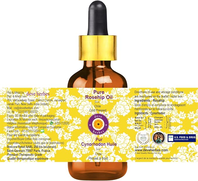 dève herbes Pure Rosehip Oil (Rosa rubiginosa) with Glass Dropper Cold Pressed 5ml (0.16 oz)