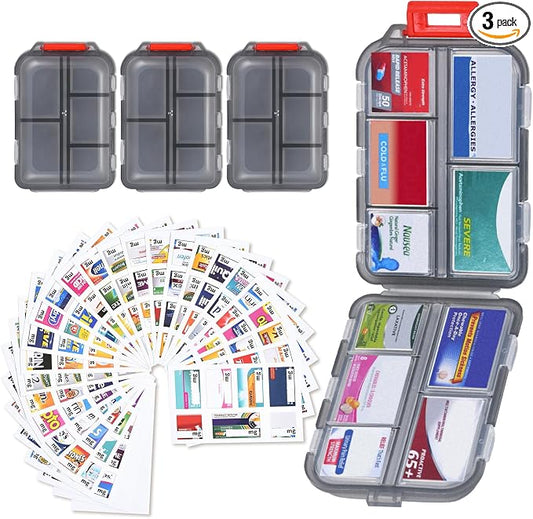 Large Travel Pill Organizer, 10 Compartments Small Portable Pill Case with 189 Medicine Labels, Compact Medicine Storage Box for Purse, Pocket, Airplane, Travel, Nurse Daily Use 3 Pack
