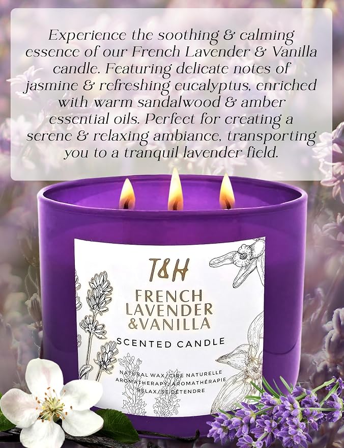 French Lavender Vanilla 3-Wick Scented Candle | 15.8 oz Large Soy Aromatherapy Candle for Home | Clean Burn Long Lasting | Relaxing Floral Vanilla Scent | Cozy Gifts for Women & Men