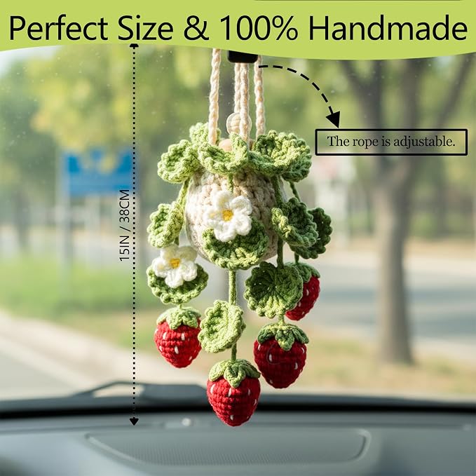Crochet Car Air Freshener Hanging, Cute Hanging Plant for Cars, Crochet Strawberry Plant with 10ml Empty Refillable Oil Diffuser Bottle, Handmade Boho Car Ornament Charms for Rear View Mirror, Red