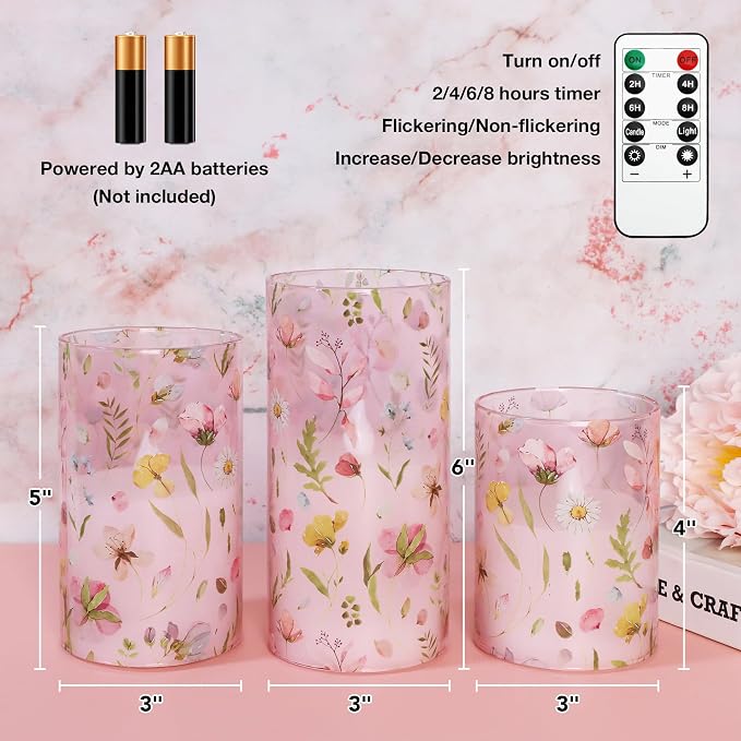 Pink Flameless Candles with Remote Timer, Glass Battery Operated Candles, Pink Flower Decals LED Candles for Home Party Wedding Mother's Day Thanksgiving Decor Set of 3