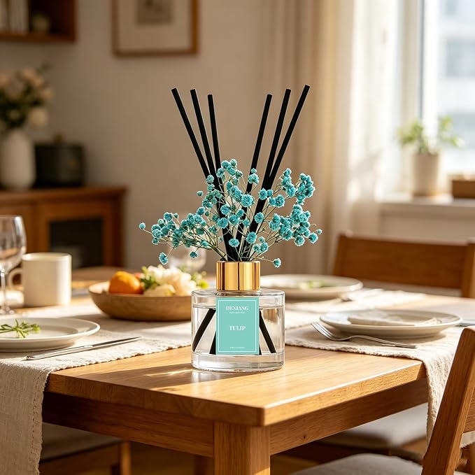 Reed Diffuser Set, 3.38 fl oz (100ml) Tulip Scent Oil Diffuser with 6 Reed Sticks, Natural Home Fragrance Reed Diffuser for Bathroom, Bedroom, Living Room Shelf Decor