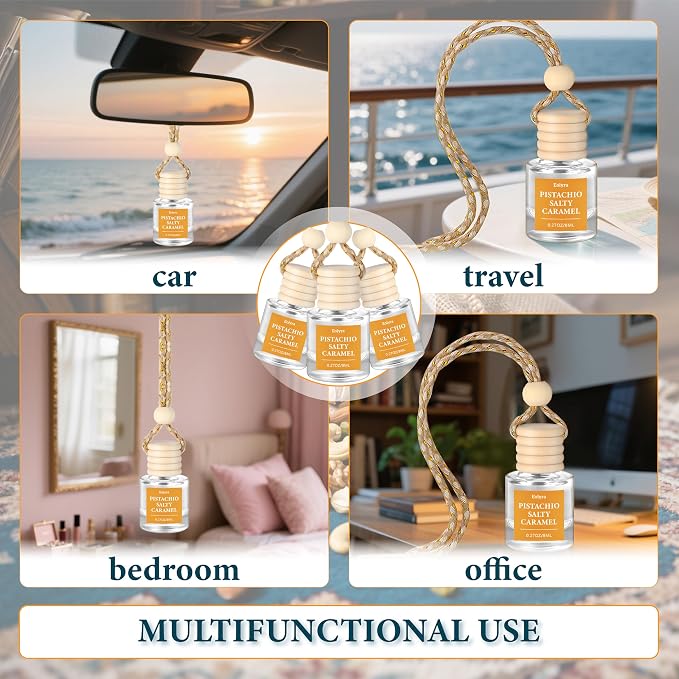 Hanging Car Air Freshener (Pack of 3) : Luxury Car Perfume for Women Men | Cute & Reusable Bottle with 45+ Days Long-Lasting Fragrance Oil Diffuser, Pistachio Salty Caramel