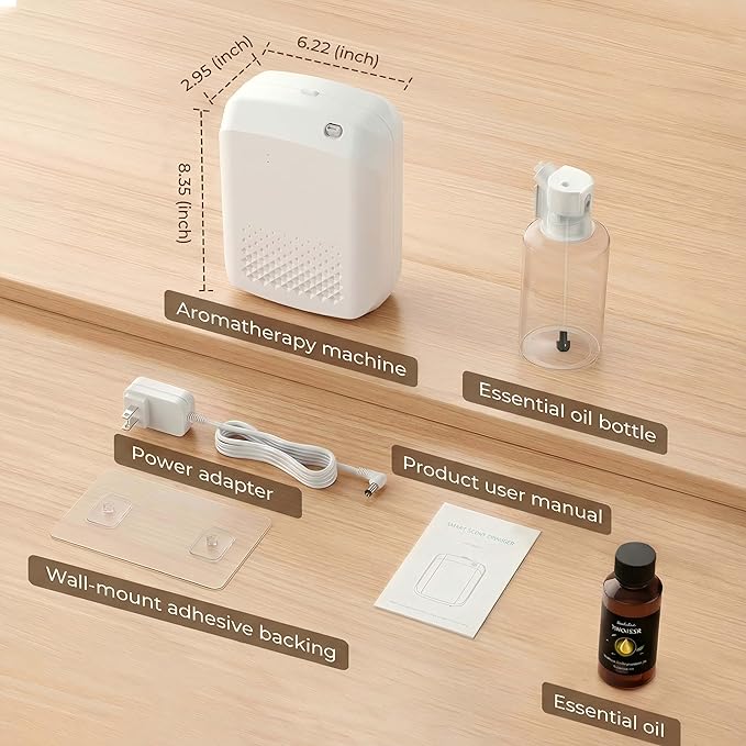 Waterless Essential Oil Diffuser, 2500 Sq.Ft Coverage, Bluetooth App Control, No-Noise Wall-Mounted Aroma Diffuser, 400ml, Perfect for Home, Hotel & Office, Valentines Day Gift, White