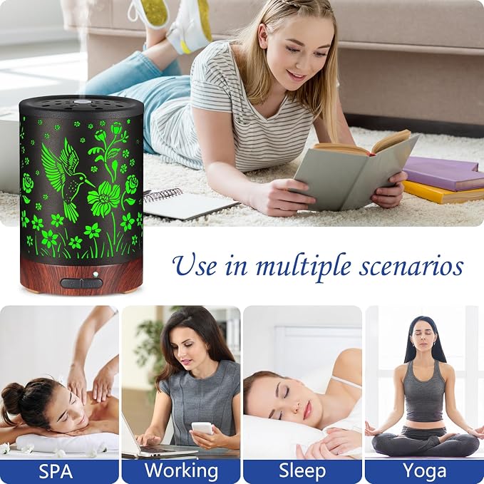 Essential Oil Diffuser- Aromatherapy Diffuser with7 Colors Light and Auto-Off for Women Metal Cool Mist Humidifier for Home and Office for Mom Women（Hummingbird）