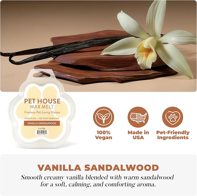 Pet House Scented Wax Melts Long-Lasting, Pet-Friendly Plant Based, Wax Melts for Home, Vanilla Sandalwood and Vanilla Creme Brulee 3 OZ Each, 2 Pack
