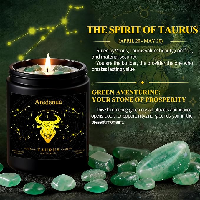 Taurus Birthday Gifts Candle | Zodiac Crystal Candles with Green Aventurine Healing Crystals - Balsamic Cedar Woody Scented Soy Candle, 7oz 50 Hour Burn, Unique Spiritual Astrology Gifts for Women Men